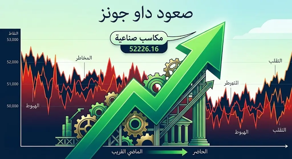 رسم تعبيري يظهر سهماً أخضر صاعداً يمثل ارتفاع مؤشر داو جونز الصناعي وسط تقلبات السوق.