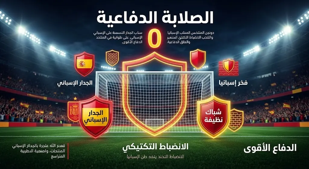 تصميم تعبيري يجسد قوة دفاع المنتخب الإسباني بشباك خالية من الأهداف ودرع يعكس ألوان الفريق في المونديال.