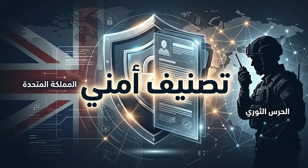 رسم تعبيري يجسد التصنيف الأمني البريطاني للحرس الثوري الإيراني وتفعيل الصلاحيات الجديدة.