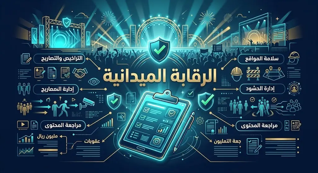 إنفوجرافيك يوضح صلاحيات الهيئة العامة للترفيه في الرقابة الميدانية وتطبيق اللوائح لضمان جودة القطاع الترفيهي.