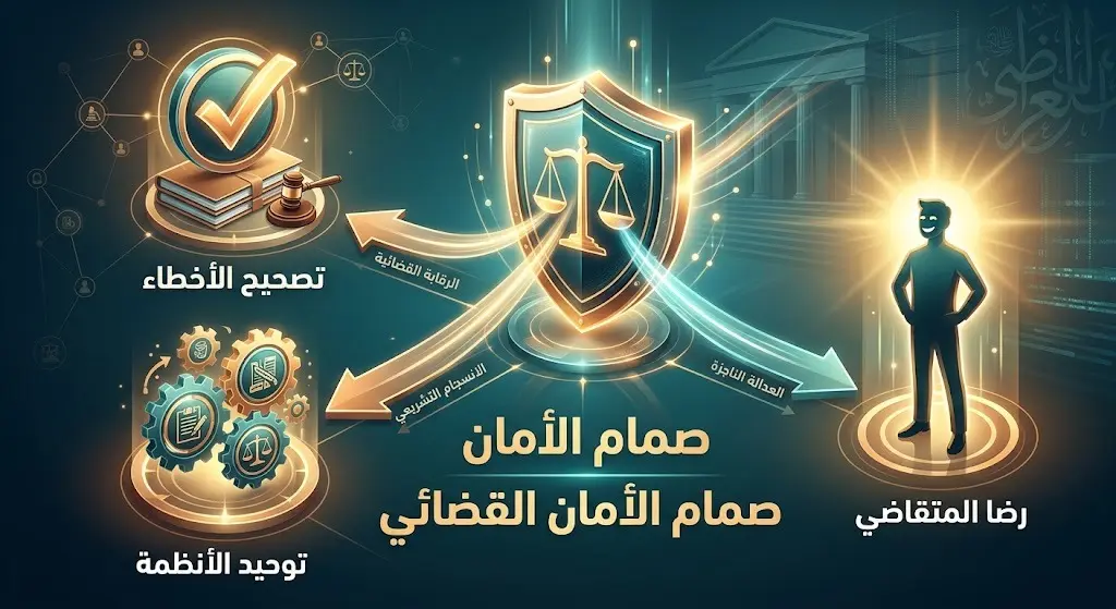رسم بياني إبداعي لدرع ذهبي يمثل صمام الأمان القضائي، تتفرع منه ثلاثة أهداف رئيسية: تصحيح الأخطاء، توحيد الأنظمة، ورضا المتقاضين.