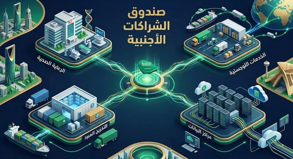 إنفوجرافيك يوضح القطاعات الأربعة المستهدفة لصندوق الشراكات الأجنبية الجديد في السعودية، والتي تشمل الرعاية الصحية، الخدمات اللوجستية، التخزين المبرد، ومراكز البيانات.