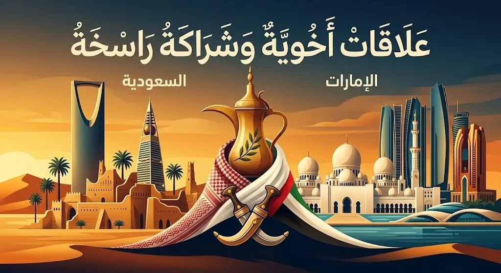 تصميم فني يبرز عمق العلاقات الأخوية والشراكة الدبلوماسية الراسخة بين المملكة العربية السعودية ودولة الإمارات العربية المتحدة.