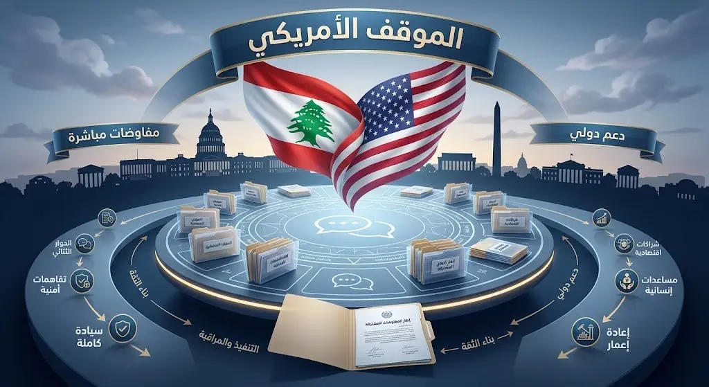 رسم تعبيري يجسد الموقف الأمريكي الداعم للمفاوضات اللبنانية مع رموز دبلوماسية للبلدين