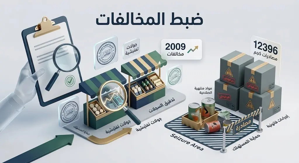 إنفوجرافيك احترافي يوضح إحصائيات الجولات الرقابية، ضبط المخالفات، ومصادرة المنتجات غير الصالحة في أسواق النفع العام بمنطقة القصيم.