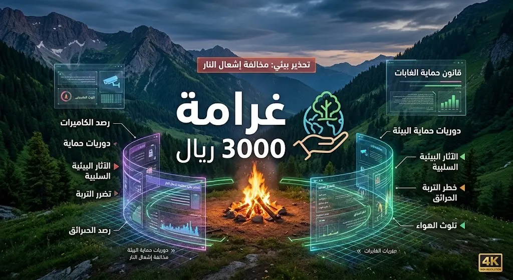 تصميم تحذيري يوضح غرامة إشعال النار في غير الأماكن المخصصة بالمتنزهات الوطنية بقيمة 3000 ريال، في إطار الحفاظ على الغطاء النباتي.