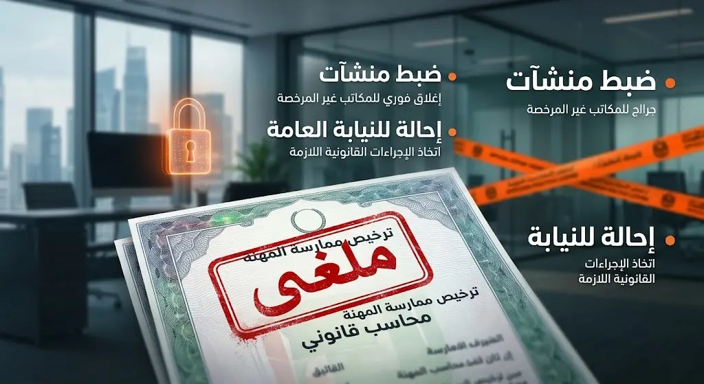 تصميم تعبيري يجسد عملية ضبط منشآت ومحاسبين يمارسون المهنة بتراخيص ملغاة وإحالتهم للنيابة.