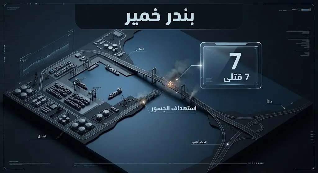 إنفوجرافيك إخباري يوضح موقع مدينة بندر خمير الساحلية على الخريطة مع إشارة لاستهداف الجسور وتوثيق حصيلة 7 قتلى.
