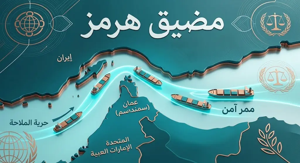 خريطة بصرية ثلاثية الأبعاد لمضيق هرمز تبرز الممرات البحرية الآمنة وحركة السفن لضمان حرية الملاحة الدولية.
