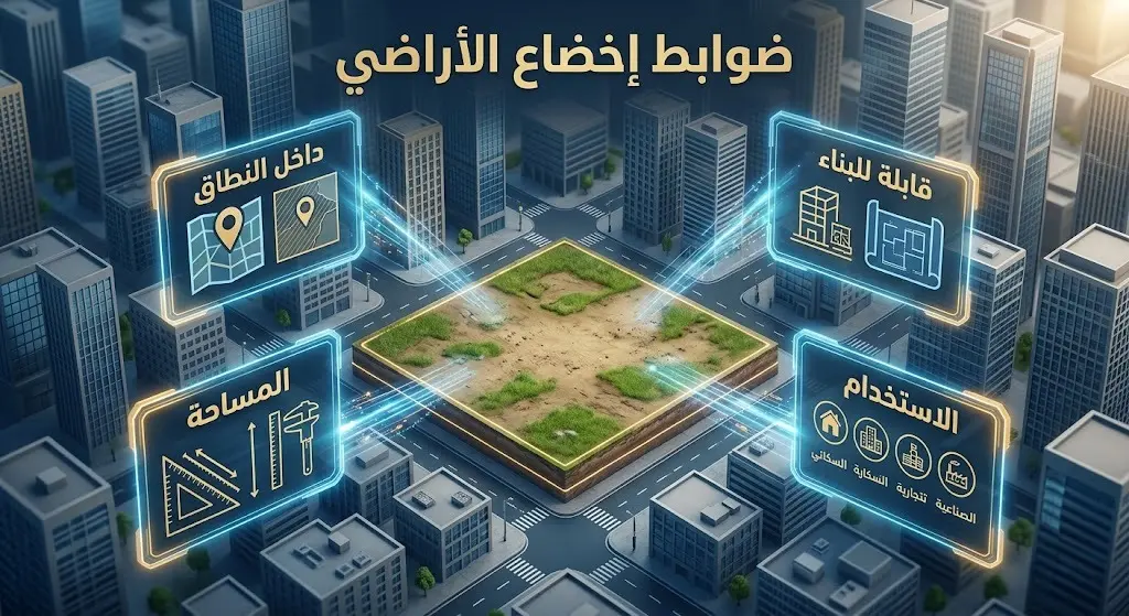 تصميم إنفوجرافيك ثلاثي الأبعاد يوضح الشروط الأساسية لإخضاع الأراضي البيضاء للرسوم، مثل الموقع والمساحة وقابلية البناء.