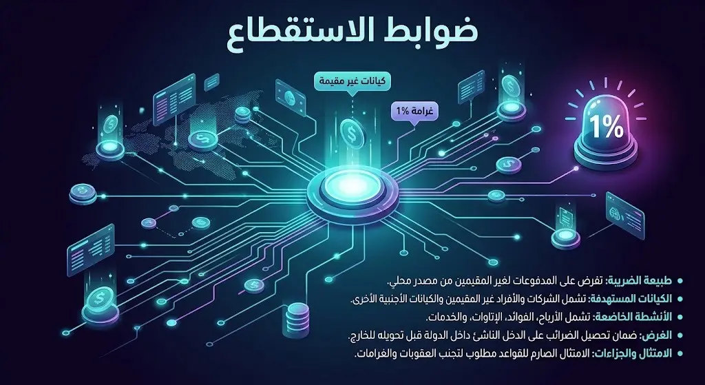 رسم بياني يوضح ضوابط ضريبة الاستقطاع وتدفق الأموال للكيانات غير المقيمة مع الإشارة لغرامة التأخير.
