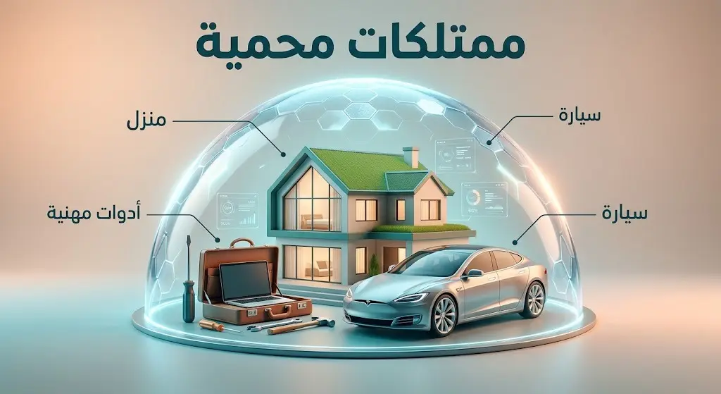 تصميم تعبيري يظهر درعاً واقياً يحيط بالمنزل والسيارة والأدوات المهنية، في إشارة لحمايتها من الحجز.