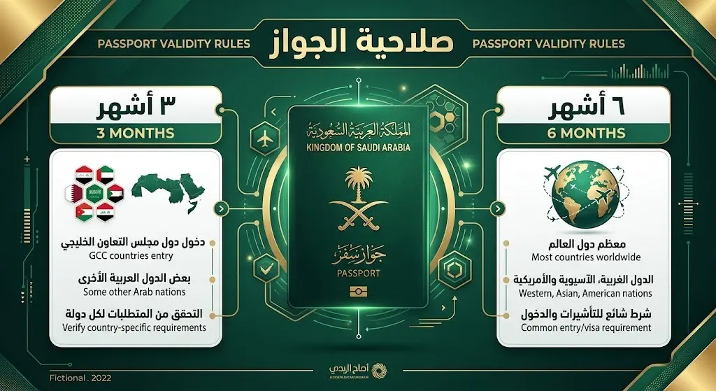 إنفوجرافيك يوضح المدة المطلوبة لصلاحية جواز السفر للمغادرة، 3 أشهر للدول العربية و6 أشهر لبقية الدول.