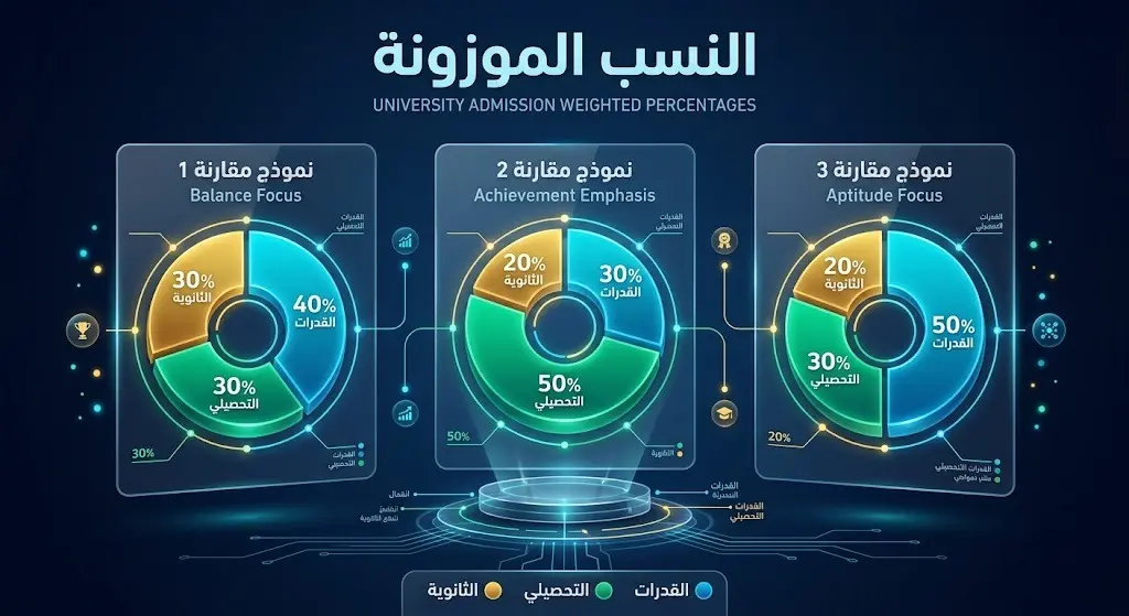 إنفوجرافيك يوضح توزيع النسب الموزونة لاشتراطات القبول في مسارات جامعة القصيم