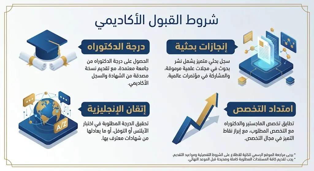 تصميم مرئي يوضح أبرز ضوابط وشروط القبول للوظائف الأكاديمية مثل الحصول على الدكتوراه وإتقان الإنجليزية.