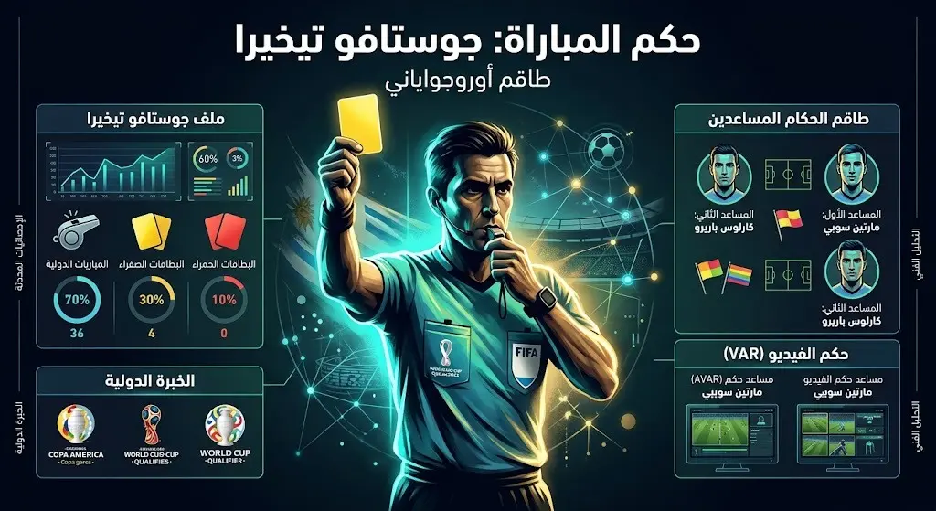 إنفوجرافيك يستعرض طاقم التحكيم الأوروجواياني بقيادة جوستافو تيخيرا لإدارة مباراة مصر وأستراليا.