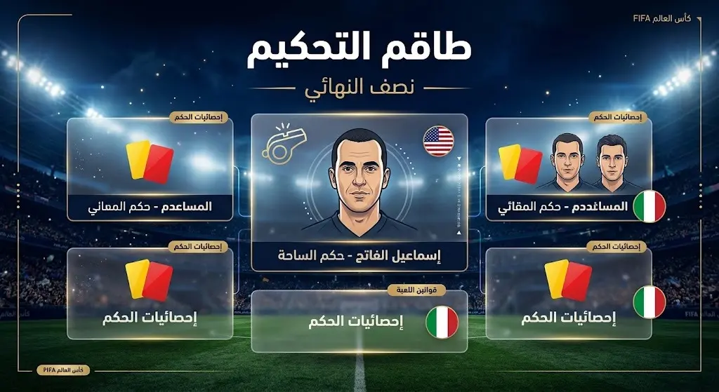 إنفوجرافيك احترافي يوضح تشكيل طاقم تحكيم مباراة الأرجنتين وإنجلترا بقيادة الحكم الأمريكي إسماعيل الفاتح.