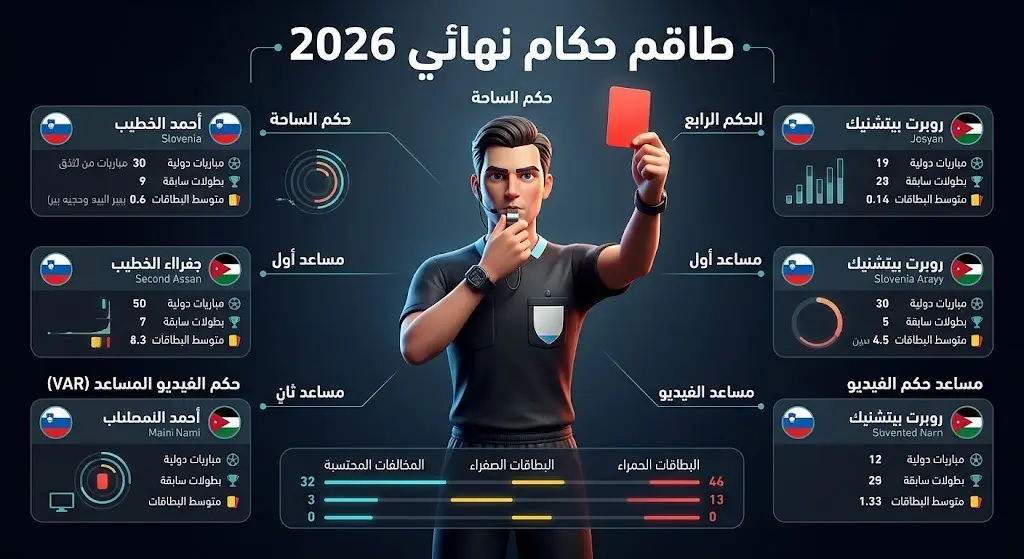 إنفوجرافيك يستعرض طاقم حكام المباراة النهائية لكأس العالم 2026 بقيادة السلوفيني سلافكو فينتشيتش مع توضيح أدوارهم وجنسياتهم.