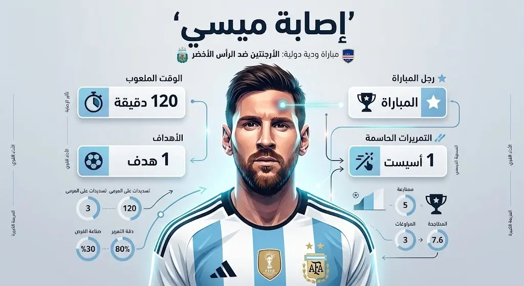 إنفوجرافيك رياضي يوضح موقع إصابة ليونيل ميسي في الرأس خلال مباراة كاب فيردي، مع إبراز أرقامه وإحصائياته طوال 120 دقيقة.