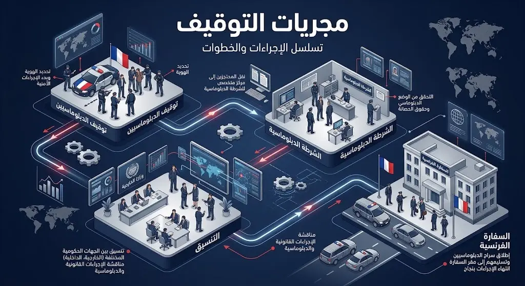 إنفوجرافيك يوضح التسلسل الزمني لخطوات توقيف الدبلوماسيين الفرنسيين في طهران ونقلهم للشرطة الدبلوماسية ثم تسليمهم لسفارة بلادهم.