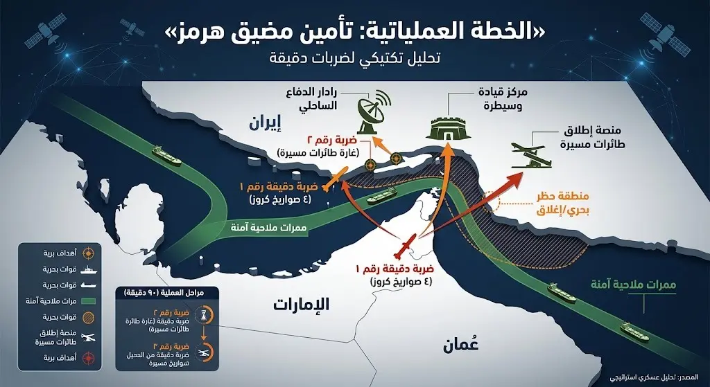 إنفوجرافيك يوضح طبيعة الأهداف العسكرية ومواقع الرادارات وتأمين حركة الملاحة في مضيق هرمز.