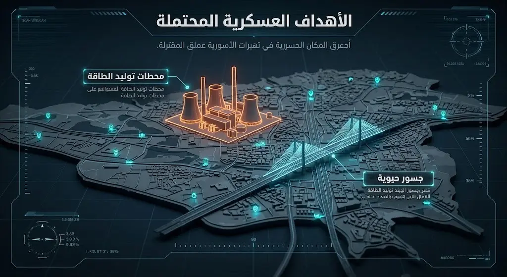 تصميم بياني يوضح الأهداف العسكرية المحتملة في طهران والتي تشمل البنية التحتية مثل الجسور ومحطات توليد الطاقة.