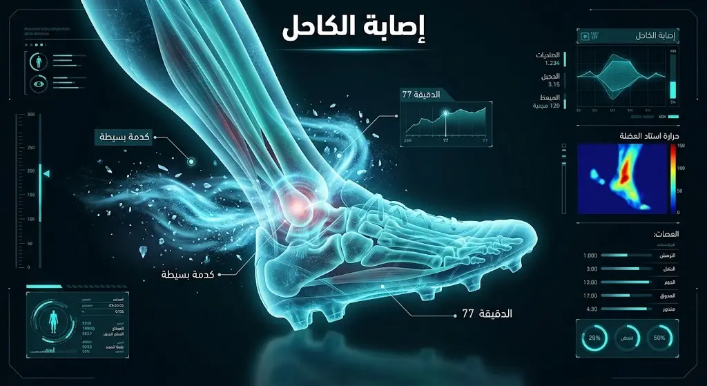 تصميم تحليلي يوضح موقع إصابة كيليان مبابي في الكاحل مع مؤشرات بصرية تدل على أنها كدمة بسيطة تخضع للعلاج بالثلج.