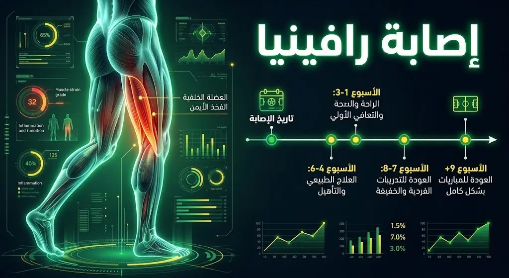 إنفوجرافيك طبي وتحليلي يوضح تفاصيل إصابة رافينيا في العضلة الخلفية للفخذ الأيمن ومسار المباريات التي غاب عنها.