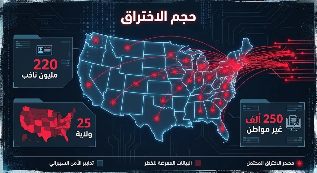 إنفوجرافيك يوضح خريطة الولايات المتحدة مع خطوط اختراق سيبرانية حمراء وإحصائيات تبرز أرقام الناخبين المخترقة (220 مليون ناخب و250 ألف غير مواطن).