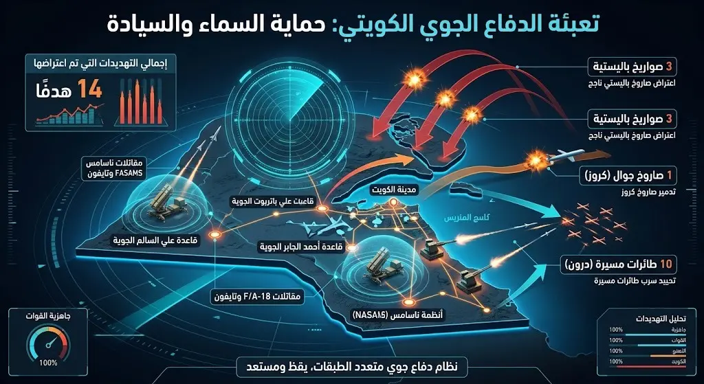 إنفوجرافيك يوضح الأهداف الجوية التي اعترضتها منظومات الدفاع الجوي الكويتي وتشمل صواريخ باليستية وجوالة وطائرات مسيرة.