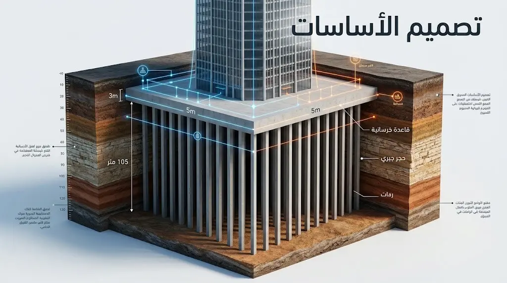 إنفوجرافيك يوضح المقطع العرضي لأساسات برج جدة وعمق الركائز الخرسانية داخل طبقات التربة المختلفة.