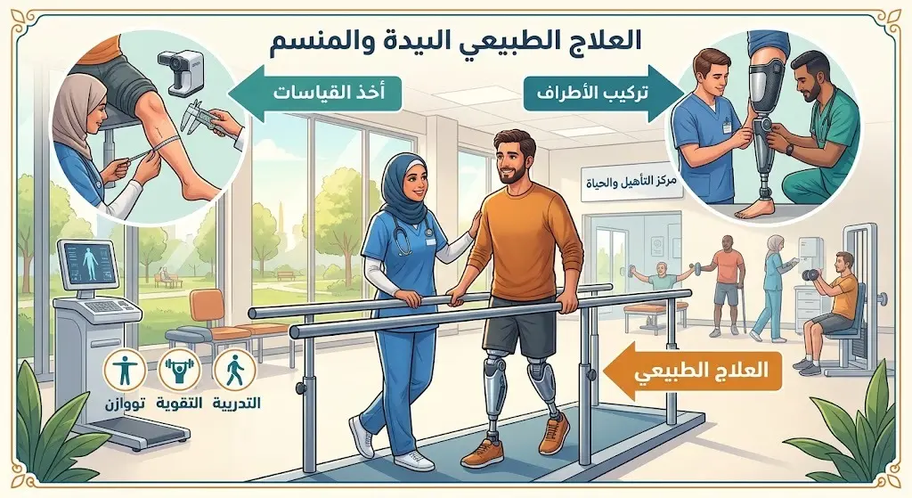 تصميم مرئي يدمج بين مشهد إنساني لمريض يتدرب على السير بطرف صناعي ورسوم توضيحية تشرح مراحل التأهيل الجسدي.