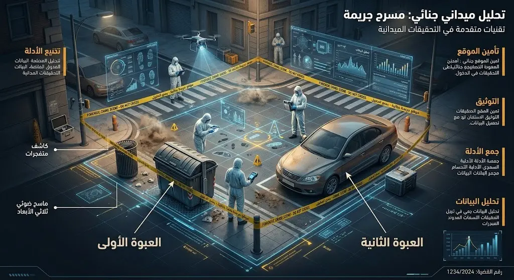 رسم توضيحي ثلاثي الأبعاد يبرز مسار التحقيق الميداني وأماكن زرع العبوتين الناسفتين في سلة المهملات والسيارة المتوقفة.