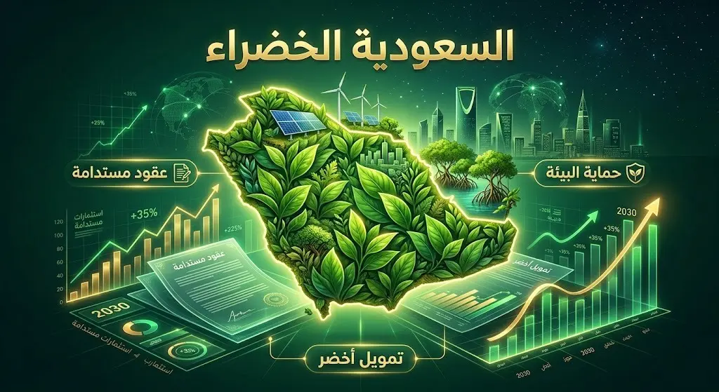 رسم تعبيري احترافي يجسد العقود الاستثمارية المستدامة وتوافقها مع أهداف مبادرة السعودية الخضراء وسط إضاءة تعكس النماء والازدهار.