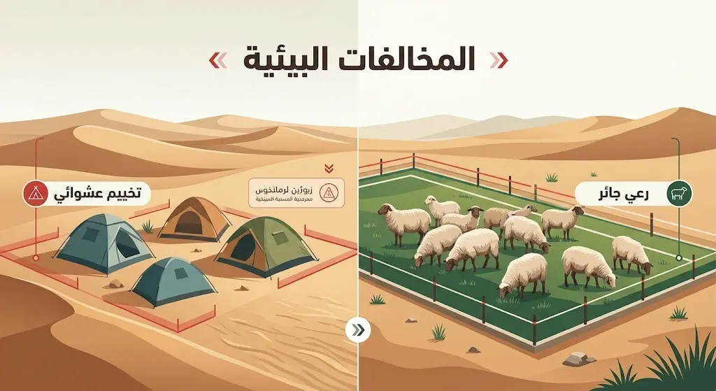 رسم تعبيري يوضح أبرز المخالفات البيئية في المحميات الملكية مثل الرعي الجائر والتخييم العشوائي.