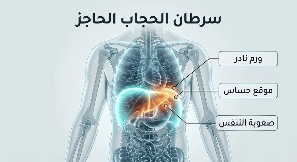 رسم توضيحي طبي ثلاثي الأبعاد يظهر موقع الحجاب الحاجز في جسم الإنسان لتوضيح طبيعة الورم السرطاني النادر الذي أصاب الفنان.