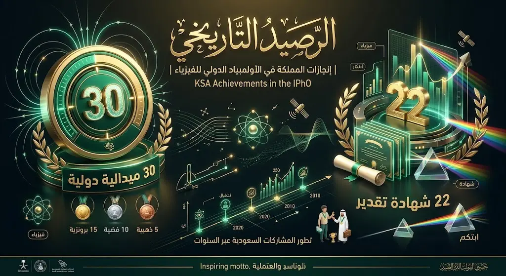 تصميم بياني يستعرض الإنجازات التاريخية للمملكة في أولمبياد الفيزياء الدولي، مبرزاً تحقيق 30 ميدالية دولية و22 شهادة تقدير.