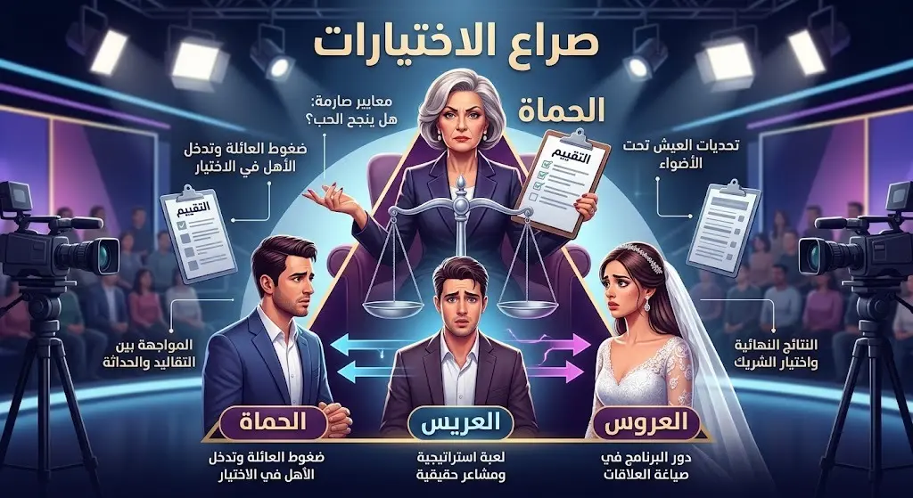 تصميم بصري تعبيري يوضح مثلث العلاقة المعقدة بين الحماة والعريس والعروس في برنامج قسمة ونصيب