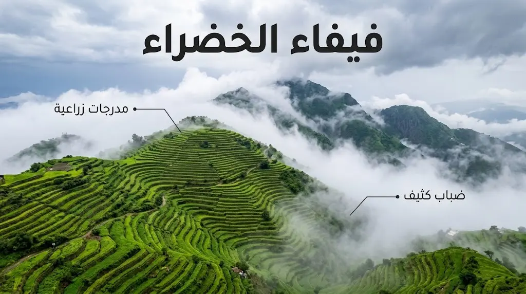 مشهد بانورامي لجبال فيفاء تكسوها المدرجات الزراعية الخضراء والضباب الكثيف مع نصوص توضيحية دقيقة.