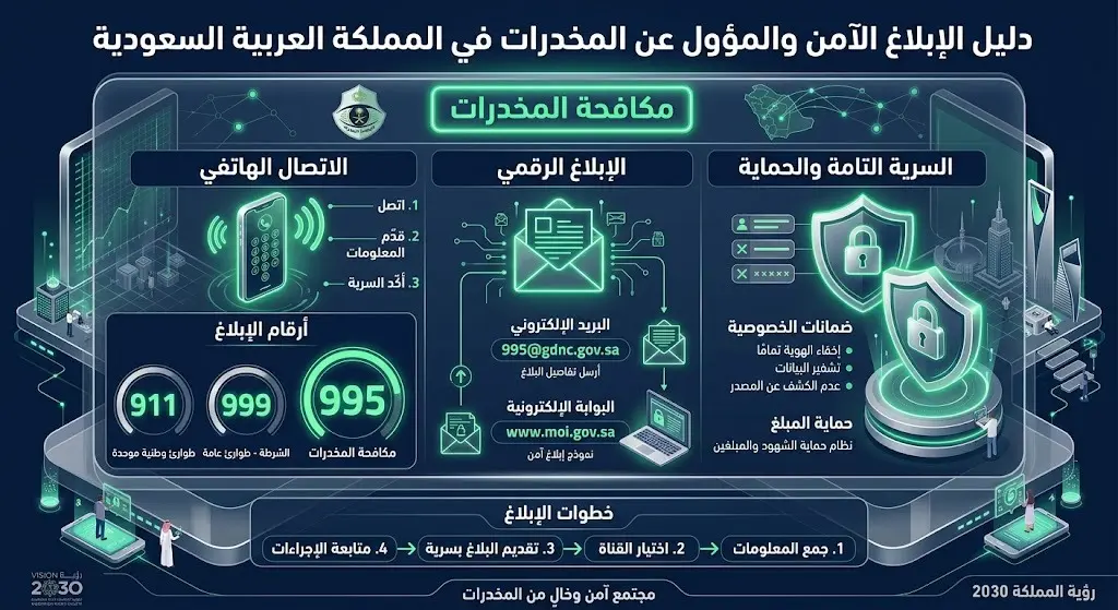 إنفوجرافيك أمني يوضح أرقام قنوات الإبلاغ عن مروجي المخدرات في السعودية (911، 999، 995) مع رموز تؤكد على سرية وأمان المعلومات.