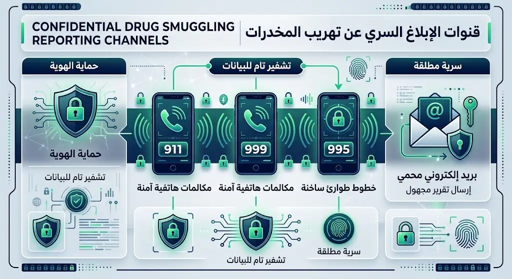 إنفوجرافيك احترافي يوضح أرقام وطرق الإبلاغ السري والآمن عن مروجي المخدرات في مختلف مناطق السعودية