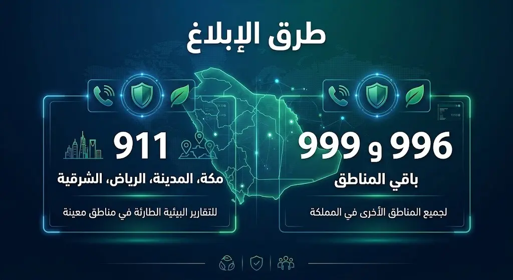 تصميم معلوماتي يوضح أرقام الطوارئ للإبلاغ عن المخالفات البيئية وتوزيعها على مناطق المملكة.