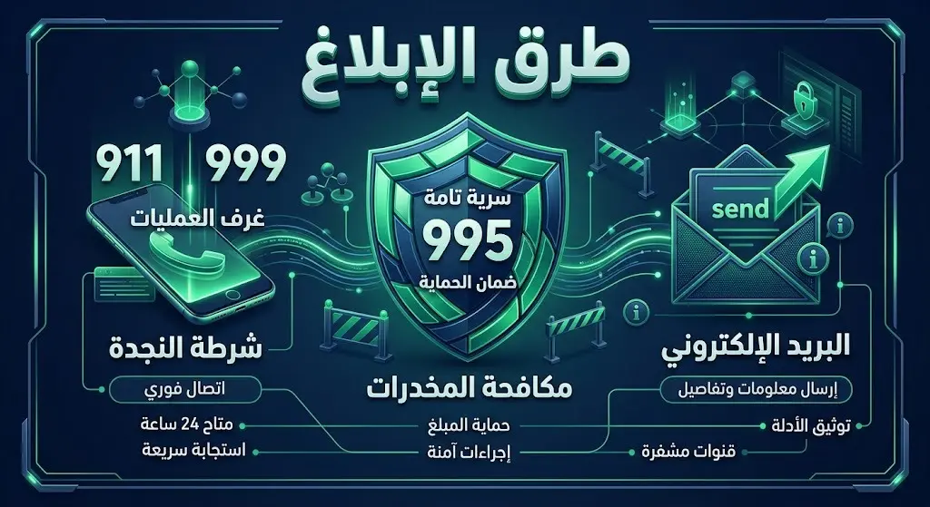 إنفوجرافيك يوضح أرقام وقنوات الإبلاغ عن المخدرات في السعودية مع التأكيد على سرية البلاغات