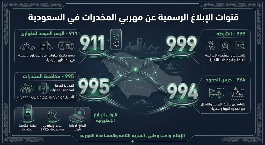 إنفوجرافيك أمني حديث يستعرض أرقام وقنوات التواصل الرسمية للإبلاغ عن مهربي ومروجي المخدرات في المملكة العربية السعودية.