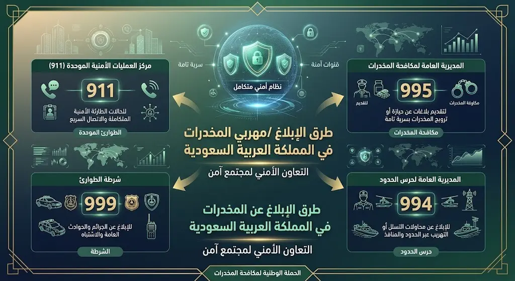 إنفوجرافيك أمني احترافي يوضح أرقام وقنوات التواصل للإبلاغ عن مهربي المخدرات في السعودية بتصميم عصري.
