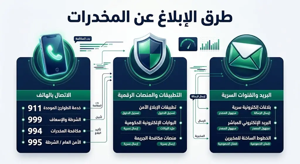 إنفوجرافيك استعراضي يوضح الأرقام المخصصة للإبلاغ عن نشاطات المخدرات في السعودية بطريقة آمنة وسرية