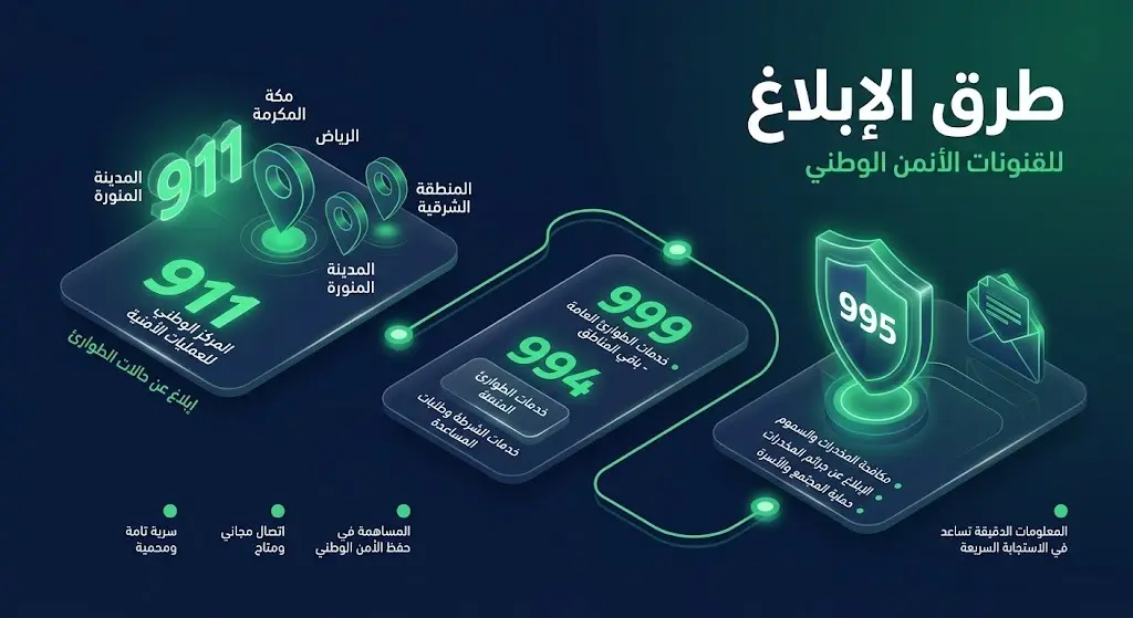 إنفوجرافيك يوضح أرقام وقنوات الإبلاغ الأمني والتواصل الآمن في المملكة العربية السعودية، متضمناً الأرقام 911، 999، 994، و 995.
