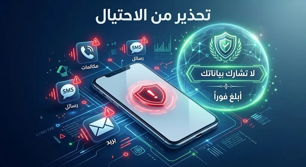 تصميم إنفوجرافيك يوضح طرق الاحتيال عبر المكالمات والرسائل والبريد الإلكتروني وتوجيهات السفارة للوقاية منها