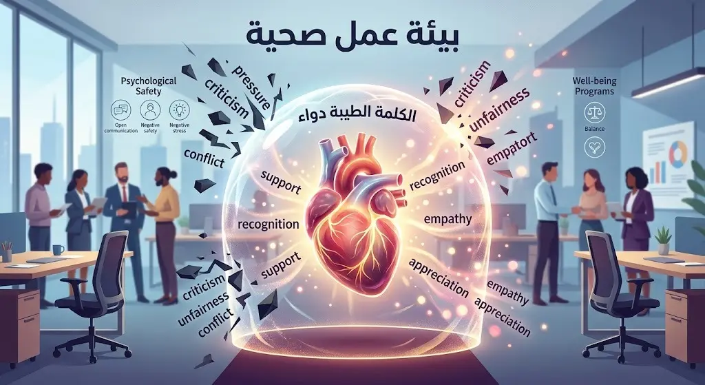 مشهد تعبيري لدرع مضيء يحمي القلب من الكلمات السلبية في بيئة العمل، تتوسطه عبارة 'الكلمة الطيبة دواء'.