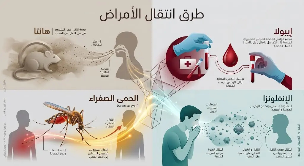 إنفوجرافيك يوضح طرق انتقال الأمراض المعدية مثل فيروس هانتا، الإيبولا، الحمى الصفراء، والإنفلونزا الموسمية عبر نواقلها المختلفة.